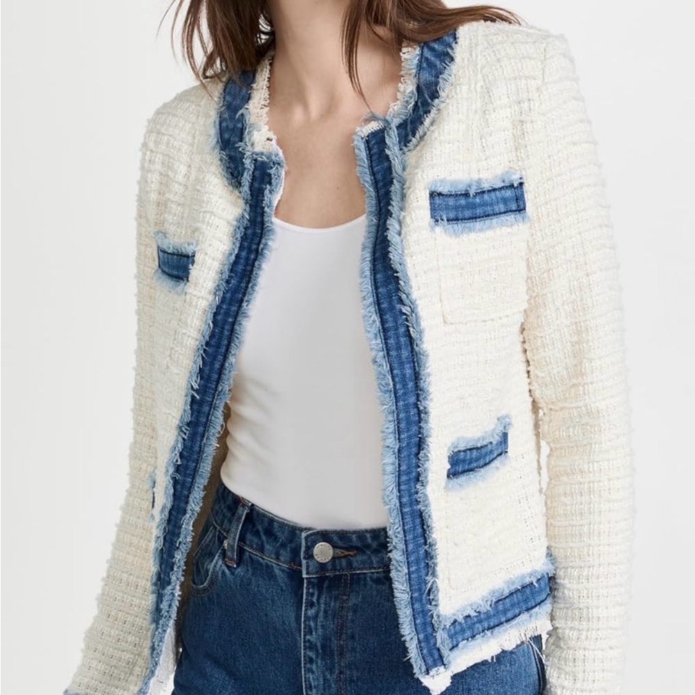 L'AGENCE Cream and Blue Agnes Tweed Jacket - Size Small